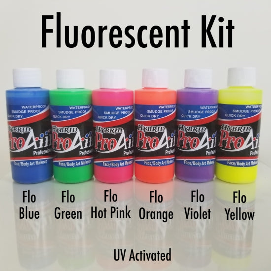 Black Light Fluorescent Colors 1 oz - 6 Pack - ProAiir Hybrid Waterproof Makeup Showoffs Body Art - Backstage Cosmetics Canada